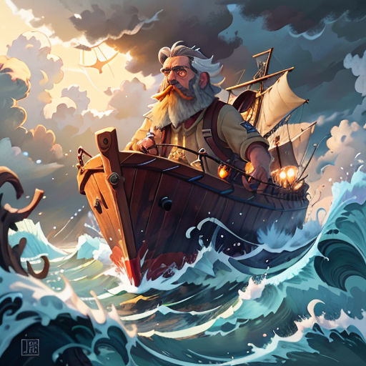 a man in a boat in the middle of a wave with an octopus in the background and a ship in the water