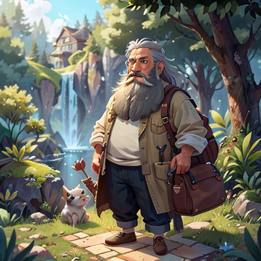 a man with a beard and a beard standing in the woods with a dog and a bag in his hand