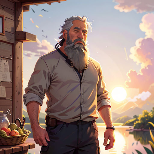 a man with a beard standing next to a lake and a house with a basket of fruit on it