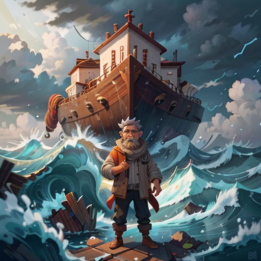 a man standing on a dock in front of a ship in the ocean with a giant wave behind him