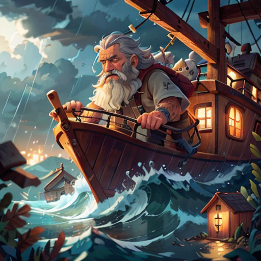 a man in a boat with a beard and a beard on it in the ocean with a boat full of animals