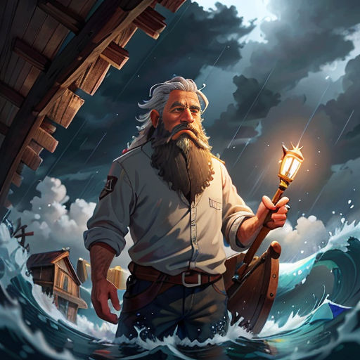 a man holding a light in his hand while standing in the water with a boat in the background and a house in the background
