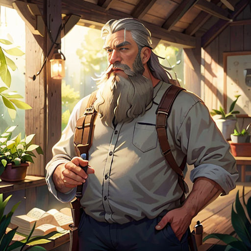 a man with a beard and a backpack standing in a room with plants and a light bulb above him