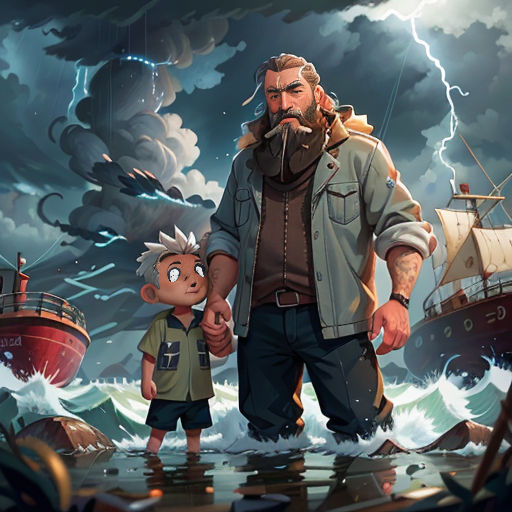 a man and a boy standing in front of a ship in the ocean with a lightning behind them and a ship in the background