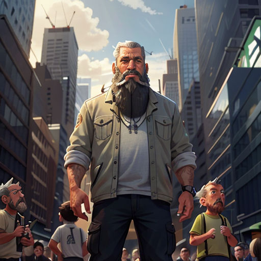 a man with a beard standing in front of a crowd of people in a city with tall buildings and skyscrapers