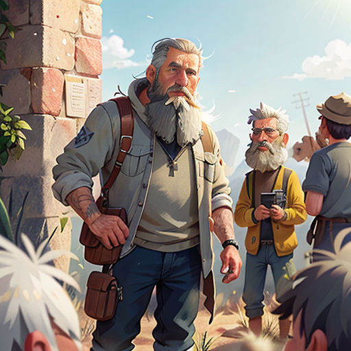 a group of people standing around each other in a game with a man with a beard and a beard