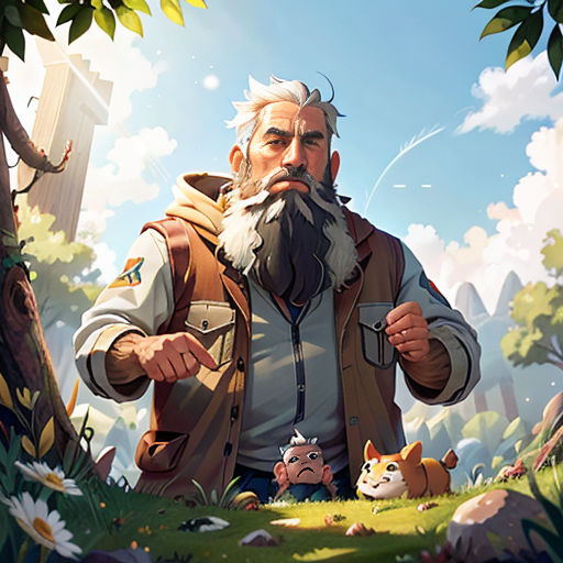 a man with a beard and a beard standing in a forest with a cat and a dog in front of him