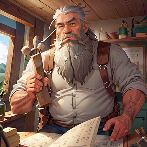a man with a long beard and a beard holding a hammer and a book in his hand in a room with a window