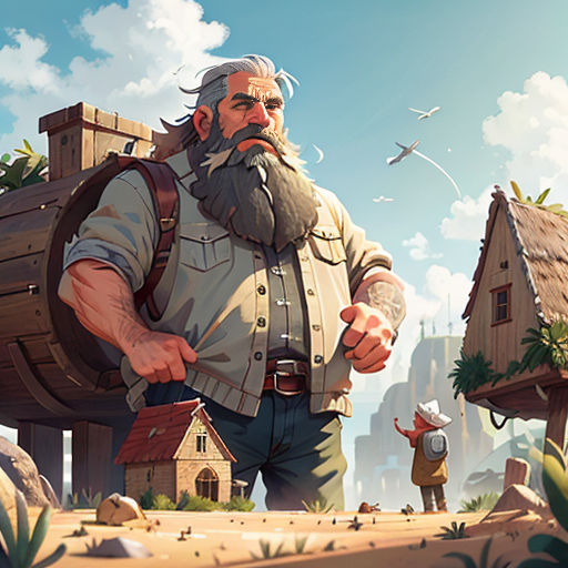 a man with a beard and a beard standing in front of a village with a barrel of beer in his hand