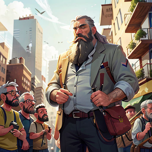 a man with a beard and a beard standing in front of a group of people in a city street