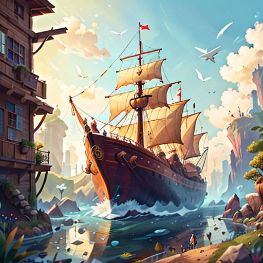 a painting of a ship in the ocean with a bird flying over it and a city in the background