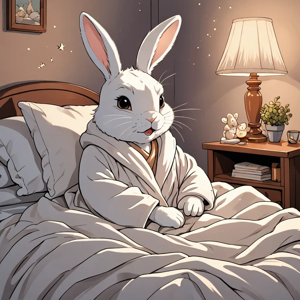 a white rabbit wrapped in a blanket on a bed with a night stand and lamp on the side table, Beatrix Potter, furry art, a storybook illustration, official art