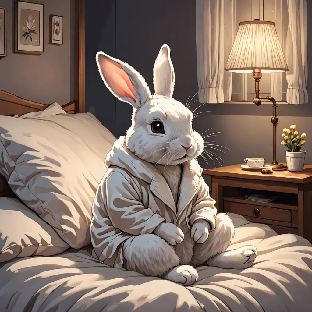 a white rabbit sitting on top of a bed in a room with a lamp and a nightstand with a lamp on it, Beatrix Potter, furry art, a detailed painting, trending on art station