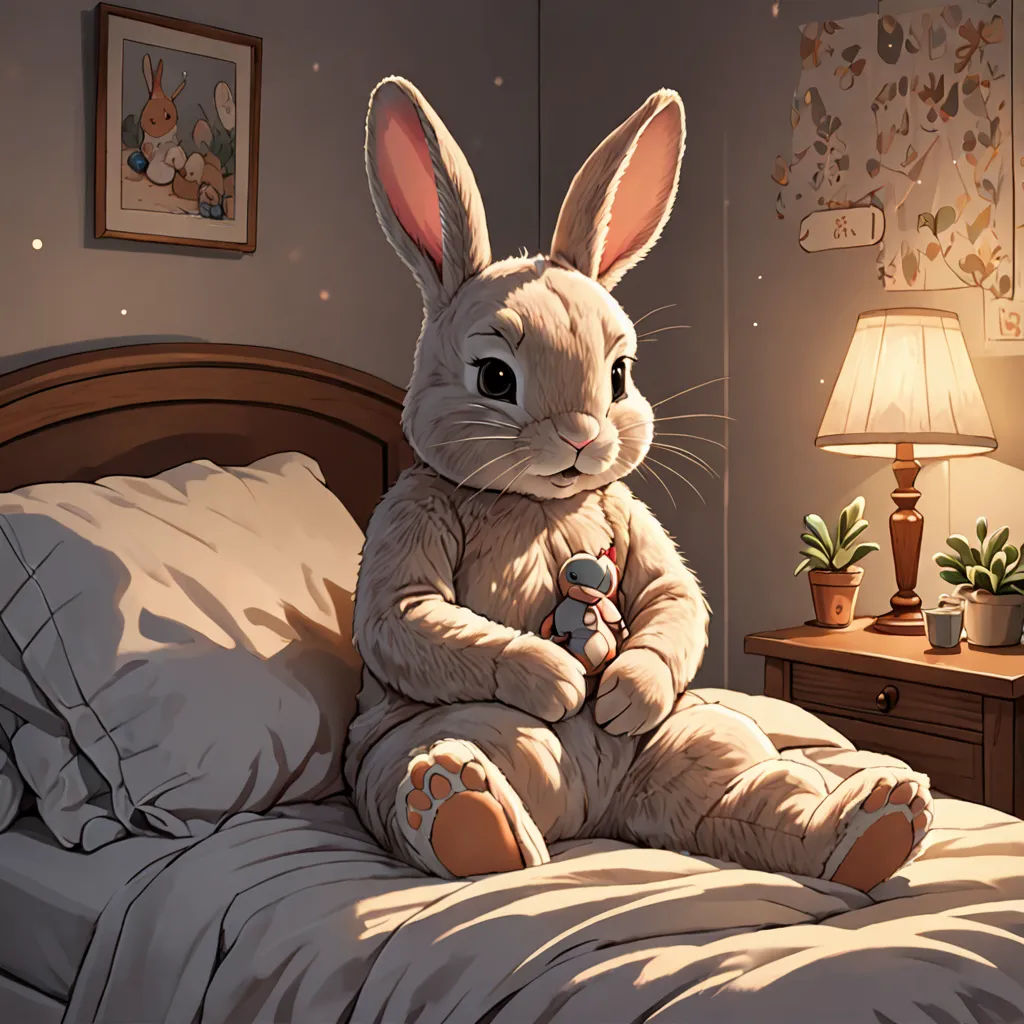 a cartoon bunny sitting on a bed with a lamp on the side of it and a picture of a rabbit on the wall, Aaron Jasinski, furry art, a storybook illustration, rossdraws global illumination