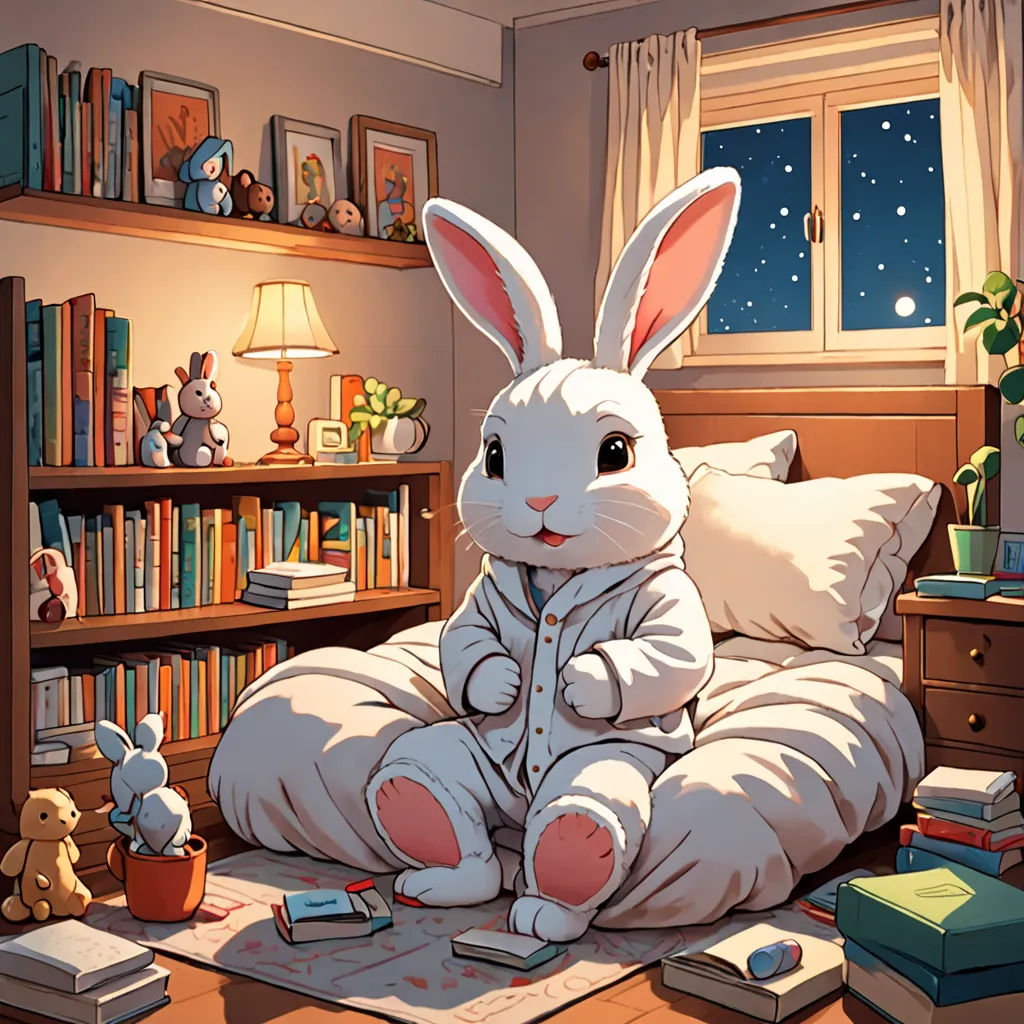 a white rabbit sitting on a bed in a room with books and a lamp on the wall and a window, Chris LaBrooy, furry art, a storybook illustration, rossdraws global illumination