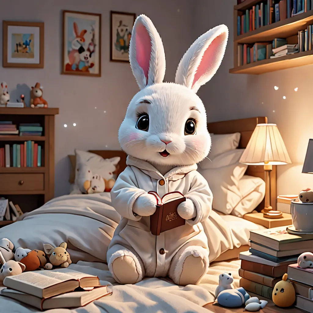 a white rabbit sitting on top of a bed next to a book and lamp on a table next to a bed, Chris LaBrooy, furry art, a storybook illustration, rossdraws global illumination