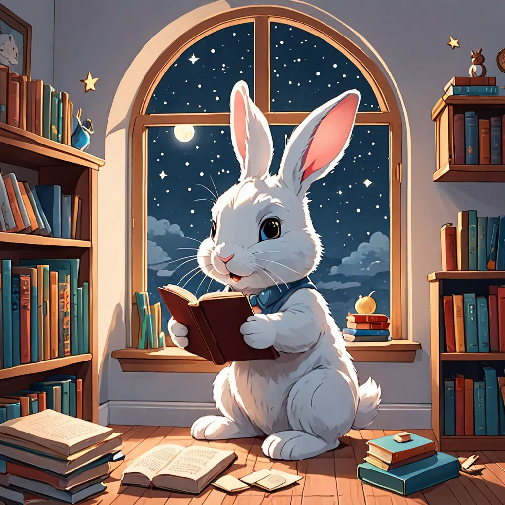 a rabbit reading a book in a room with a window and bookshelves on the floor and a full moon in the sky, Aaron Jasinski, fantasy art, a storybook illustration, storybook illustration