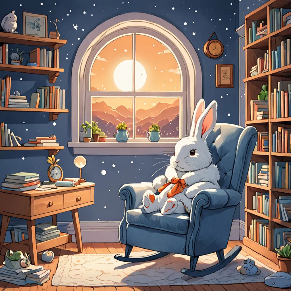 a rabbit sitting in a chair in a room with a window and a book shelf full of books and a clock, Chris LaBrooy, fantasy art, a storybook illustration, rossdraws global illumination