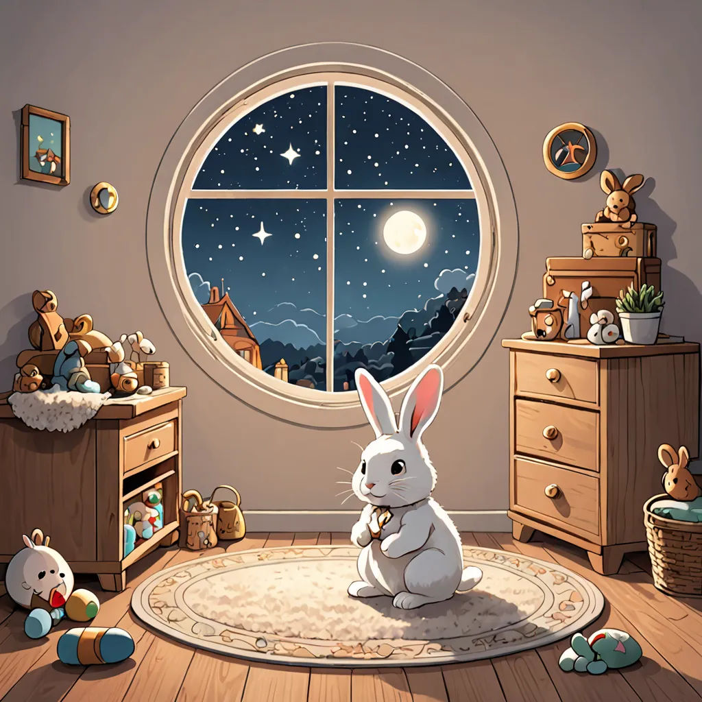 a room with a window, a rug, a dresser and a stuffed animal rabbit sitting on the floor, Arthur Pan, space art, a storybook illustration, rossdraws global illumination
