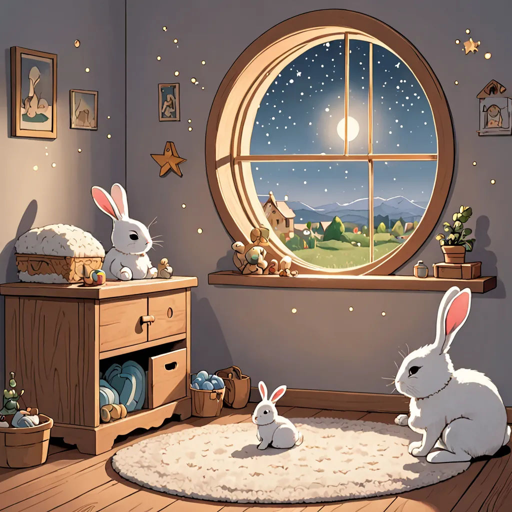 a room with a window and a rabbit rug on the floor and a window with a view of the sky, Chris LaBrooy, magical realism, a storybook illustration, storybook illustration