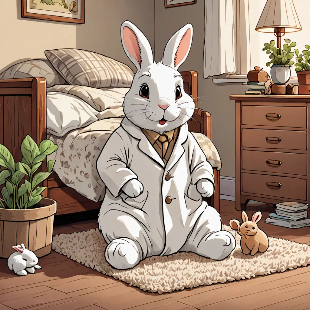 a cartoon rabbit in a suit sitting on a rug in a bedroom with a bed and a potted plant, Beatrix Potter, furry art, a storybook illustration, official art