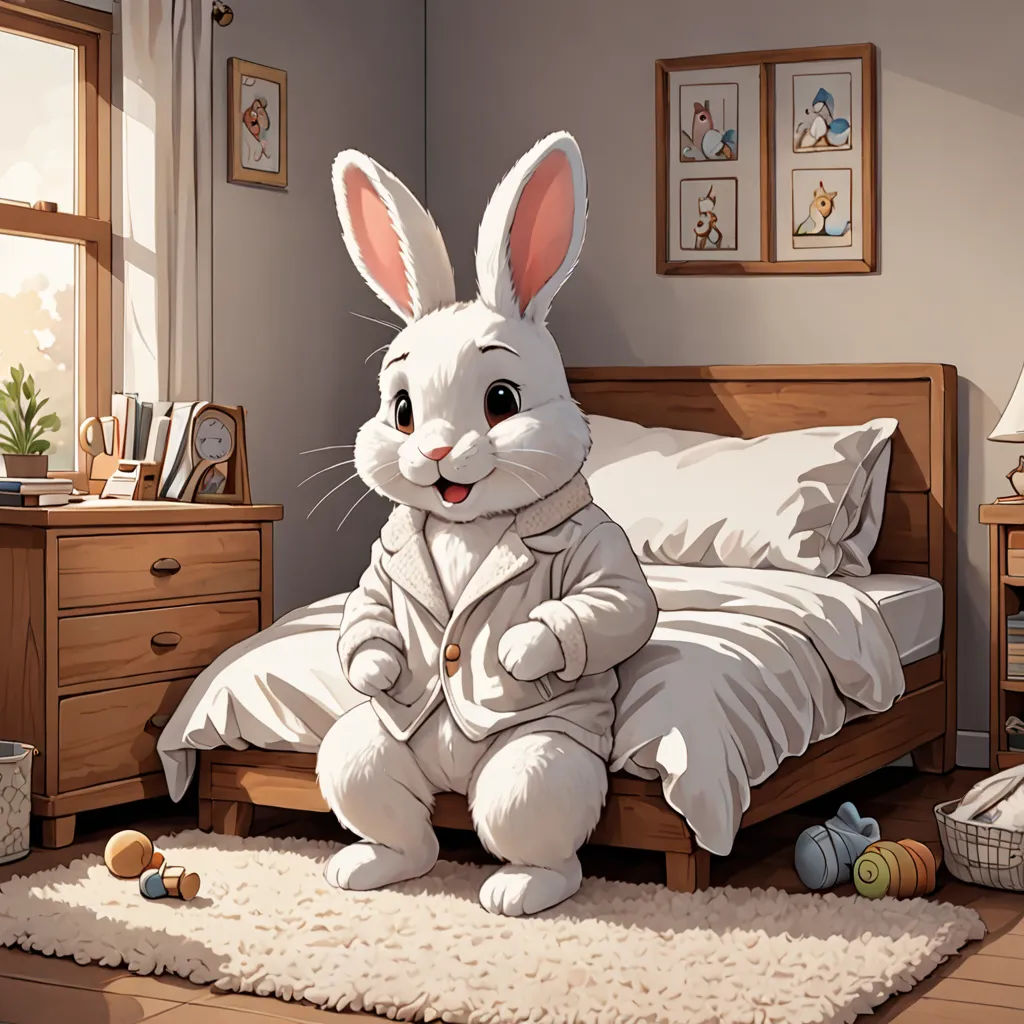 a cartoon bunny sitting on a bed in a bedroom with a rug on the floor and a dresser with a lamp on it, Beatrix Potter, furry art, a storybook illustration, highly detailed digital painting