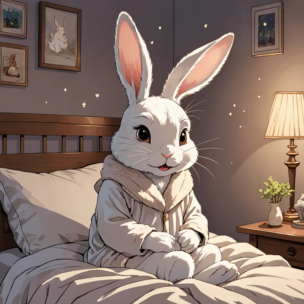 a white rabbit sitting on top of a bed in a bedroom next to a lamp and a night stand, Beatrix Potter, furry art, a detailed painting, cushart krenz