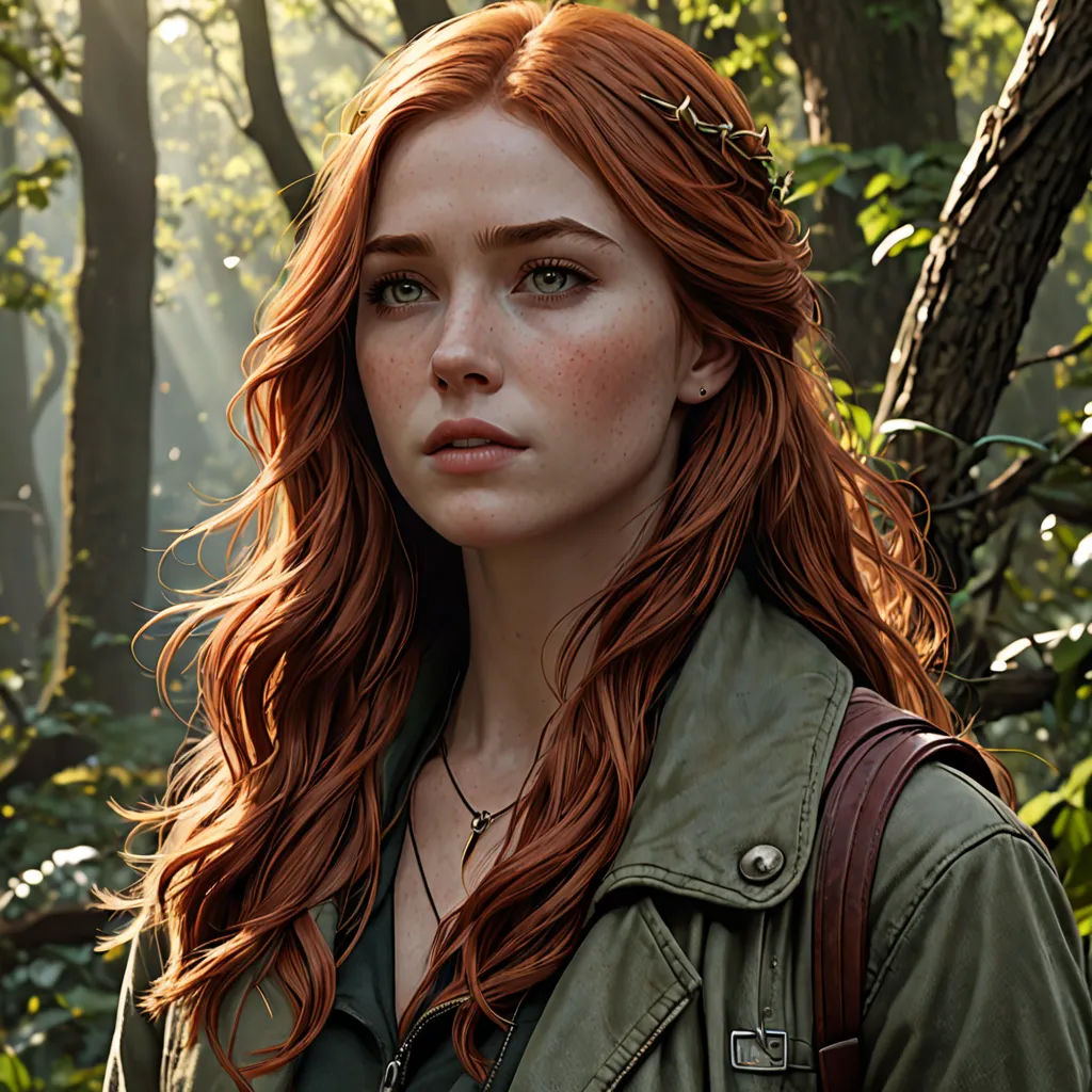 a woman with red hair and a green jacket in a forest with trees and bushes, looking at the camera, photorealism, a character portrait, Constance Gordon-Cumming, leesha hannigan