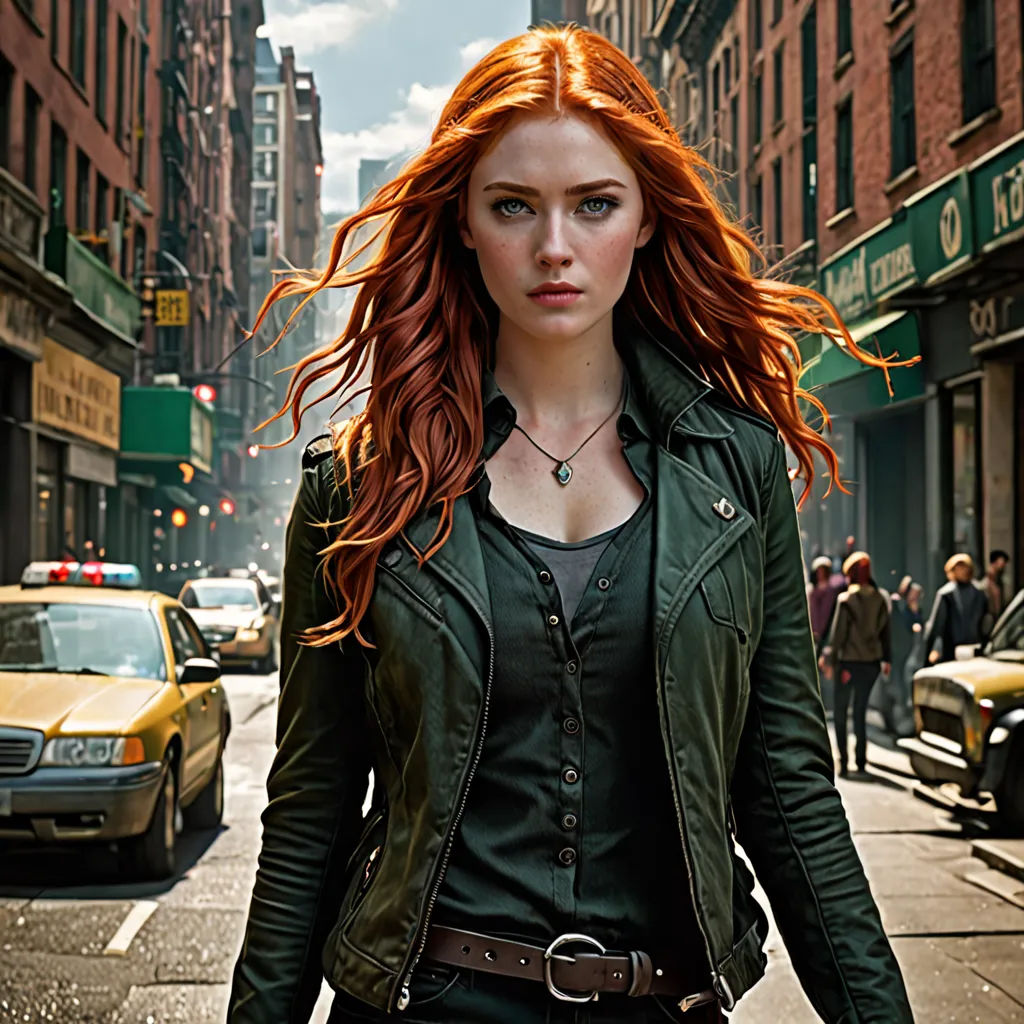 a woman with red hair walking down a street in a city with cars and people on the sidewalk and a taxi, visual art, a character portrait, Constance Gordon-Cumming, promotional image