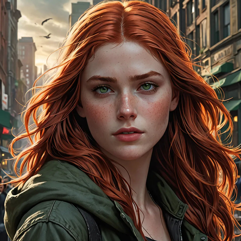 a woman with red hair and green eyes standing in a city street with a bird flying overhead in the background, photorealism, a character portrait, Clint Cearley, ultra realistic digital art