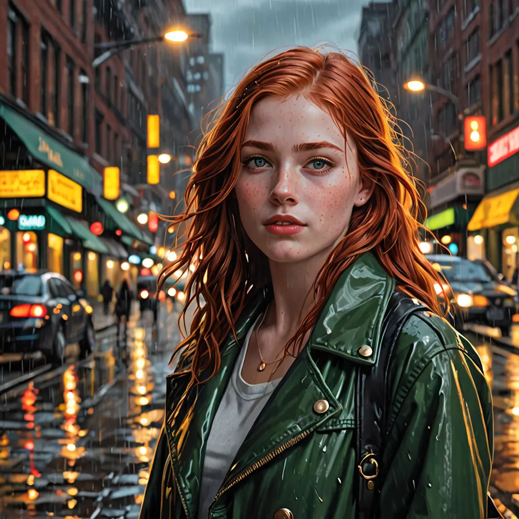 a woman in a green jacket standing on a street corner in the rain with a green umbrella over her head, photorealism, a hyperrealistic painting, Clint Cearley, highly detailed digital painting