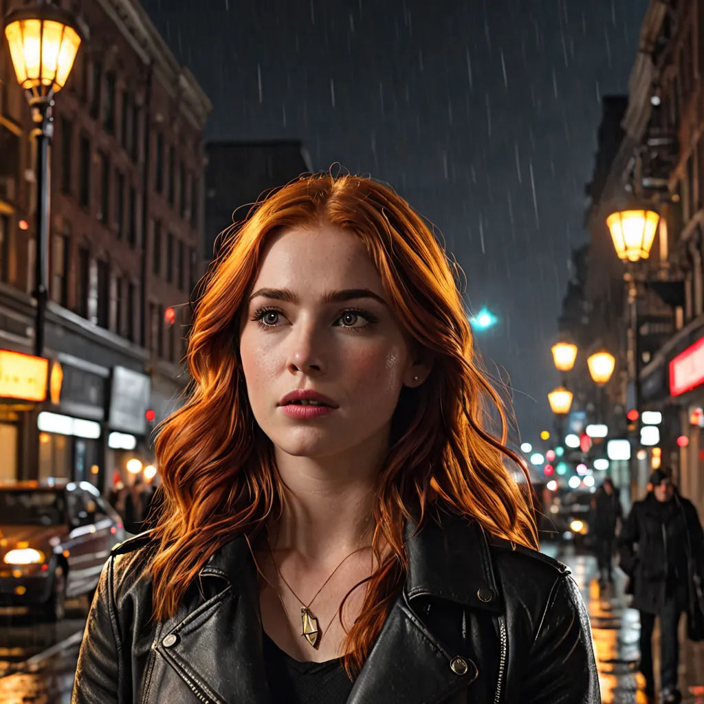 a woman standing on a street corner in the rain with a black jacket on and a street light in the background, renaissance, a character portrait, Constance Gordon-Cumming, promotional image