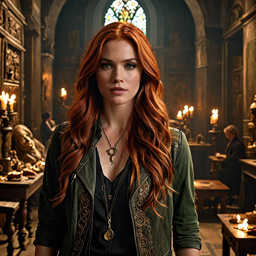 a woman with red hair standing in a room with candles in it and a stained glass window behind her, renaissance, a character portrait, Constance Gordon-Cumming, promotional image