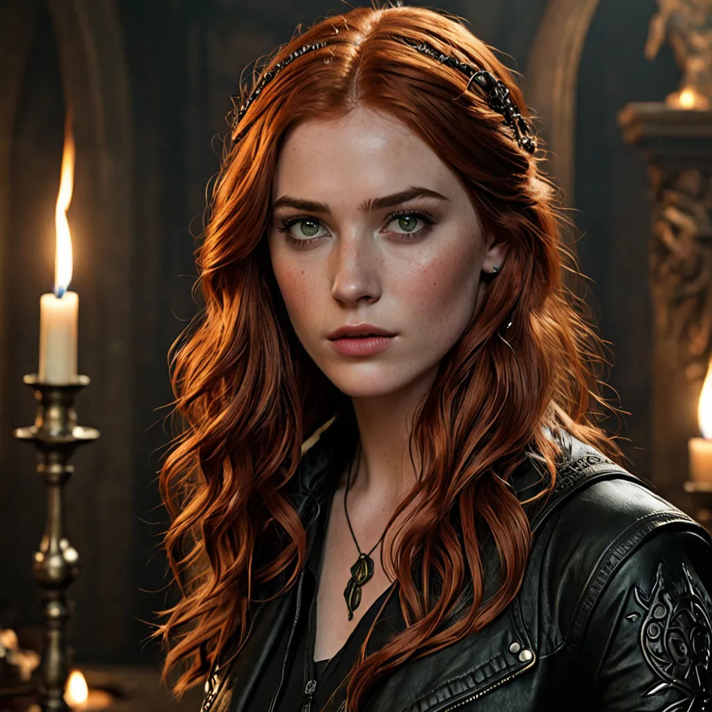 a woman with red hair and a crown on her head is standing in a dark room with candles and a chandelier, gothic art, a character portrait, Constance Gordon-Cumming, promotional image