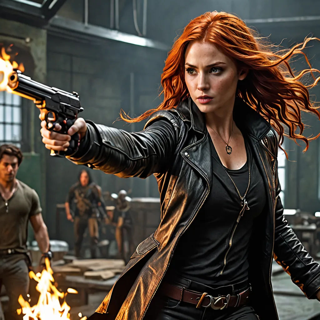a woman holding a gun in a scene from the avengers movie, with a man in the background and a woman in the foreground, neogeo, a poster, Felix-Kelly, promotional image