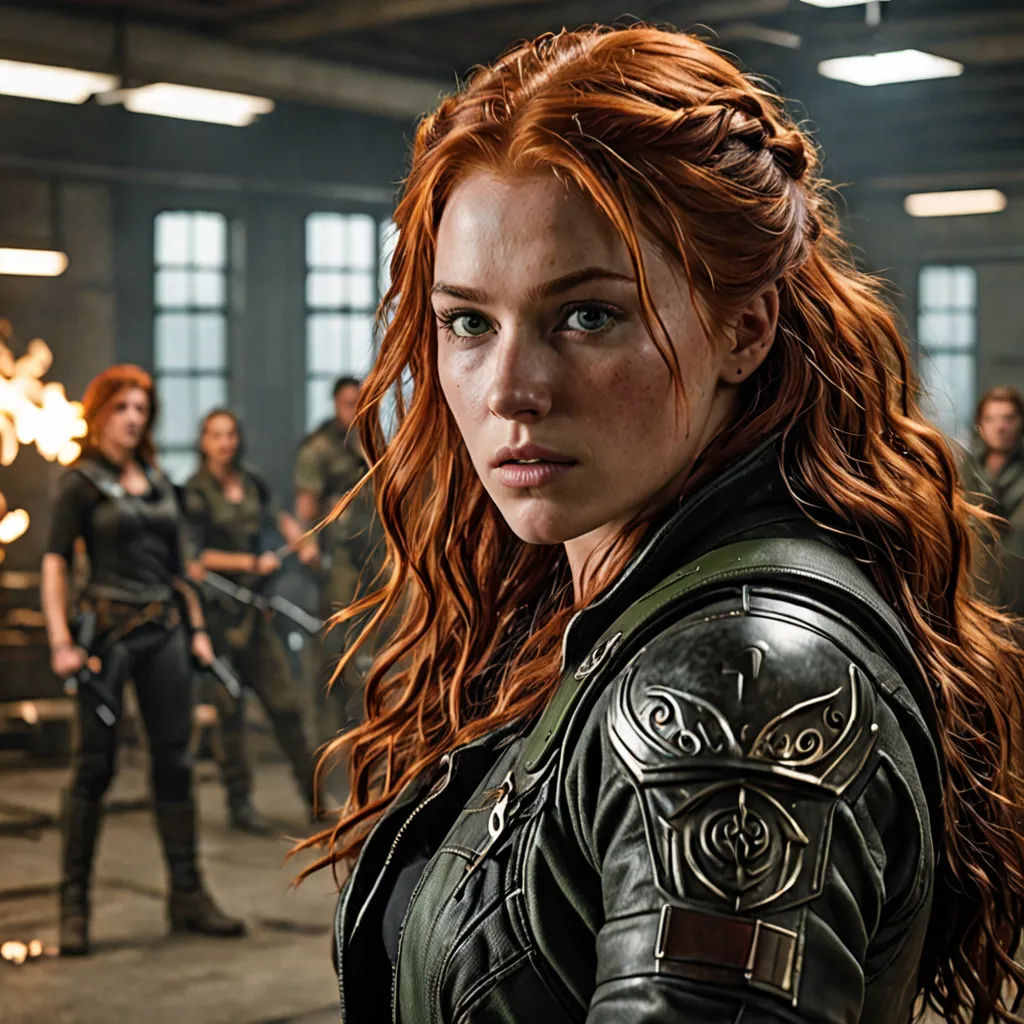 a woman in a leather outfit standing in front of a group of people in a warehouse with torches in the background, antipodeans, a character portrait, Aleksi Briclot, promotional image