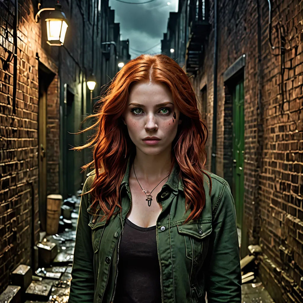 a woman with red hair standing in a alley way with a lamp on the side of the street and a brick wall, visual art, a character portrait, Dirk Crabeth, promotional image