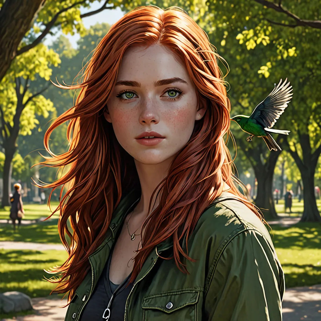 a woman with red hair and a green bird on her shoulder, standing in a park with trees and grass, photorealism, a photorealistic painting, Clint Cearley, ultra realistic digital art