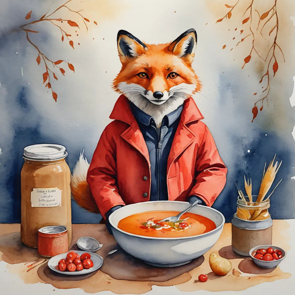 a painting of a fox wearing a red jacket and eating a bowl of soup with a spoon in it, furry art, a watercolor painting, Aaron Jasinski, trending on art station