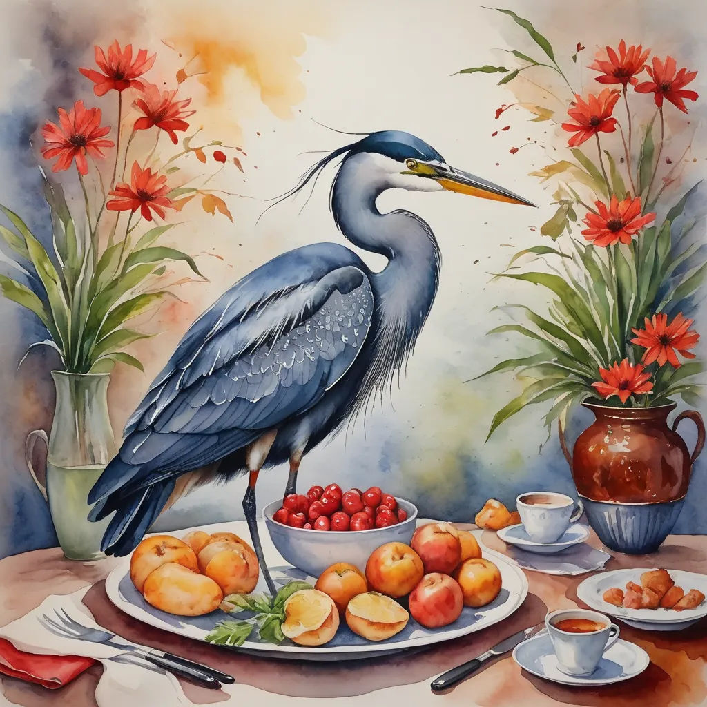 a painting of a bird sitting on a plate of fruit and flowers in a vase with a pitcher of water, figurative art, a watercolor painting, Carol Sutton, in gouache detailed paintings