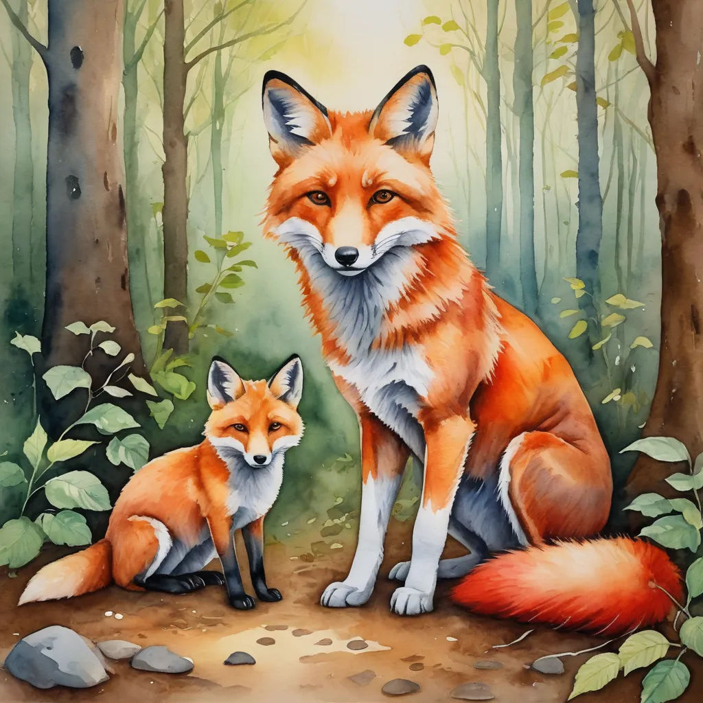 a painting of a fox and its cub in the woods by itself, with leaves and rocks around them, furry art, a watercolor painting, Anato Finnstark, professional digital painting