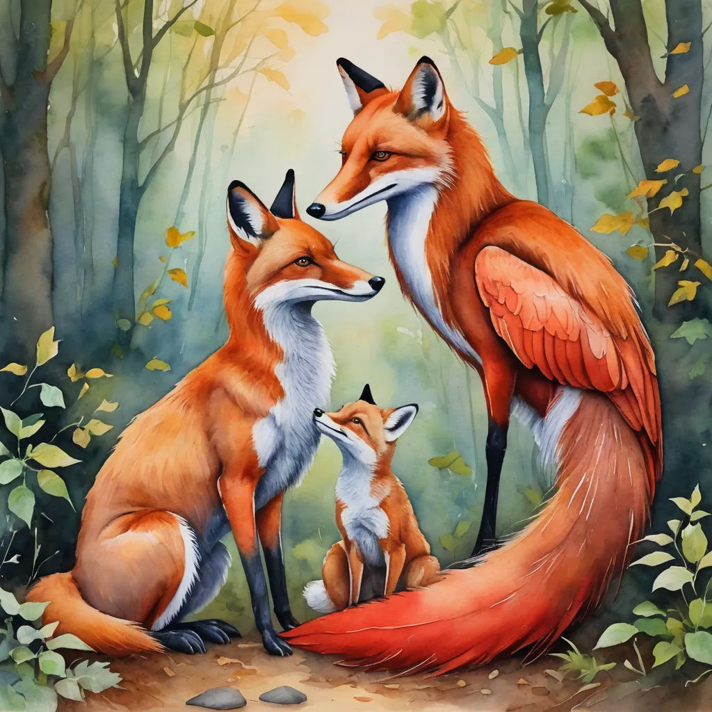 a painting of two foxes and a fox cub in a forest with leaves and rocks, with a background of trees and leaves, furry art, a watercolor painting, Bourgeois, official art