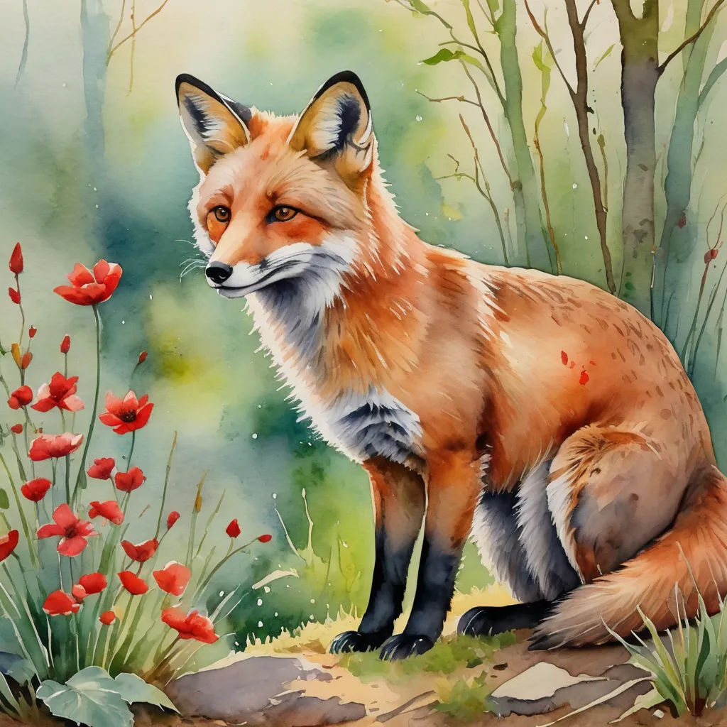 a painting of a fox sitting in a field of flowers and grass with a forest in the background and a few red flowers, furry art, a watercolor painting, Carol Sutton, watercolor