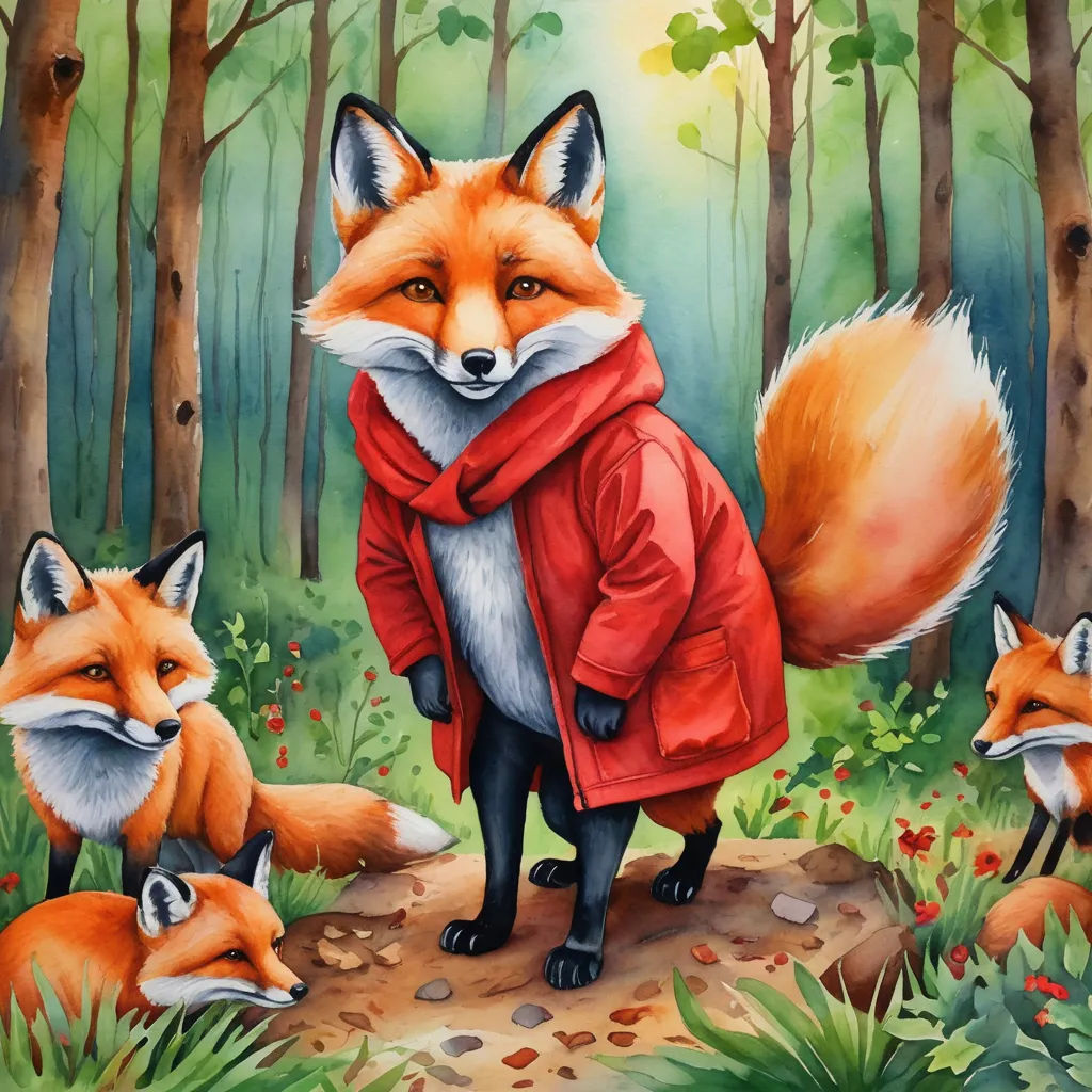a painting of a fox wearing a red coat and standing in the woods with two other foxes in the background, furry art, a storybook illustration, Aaron Jasinski, trending on art station
