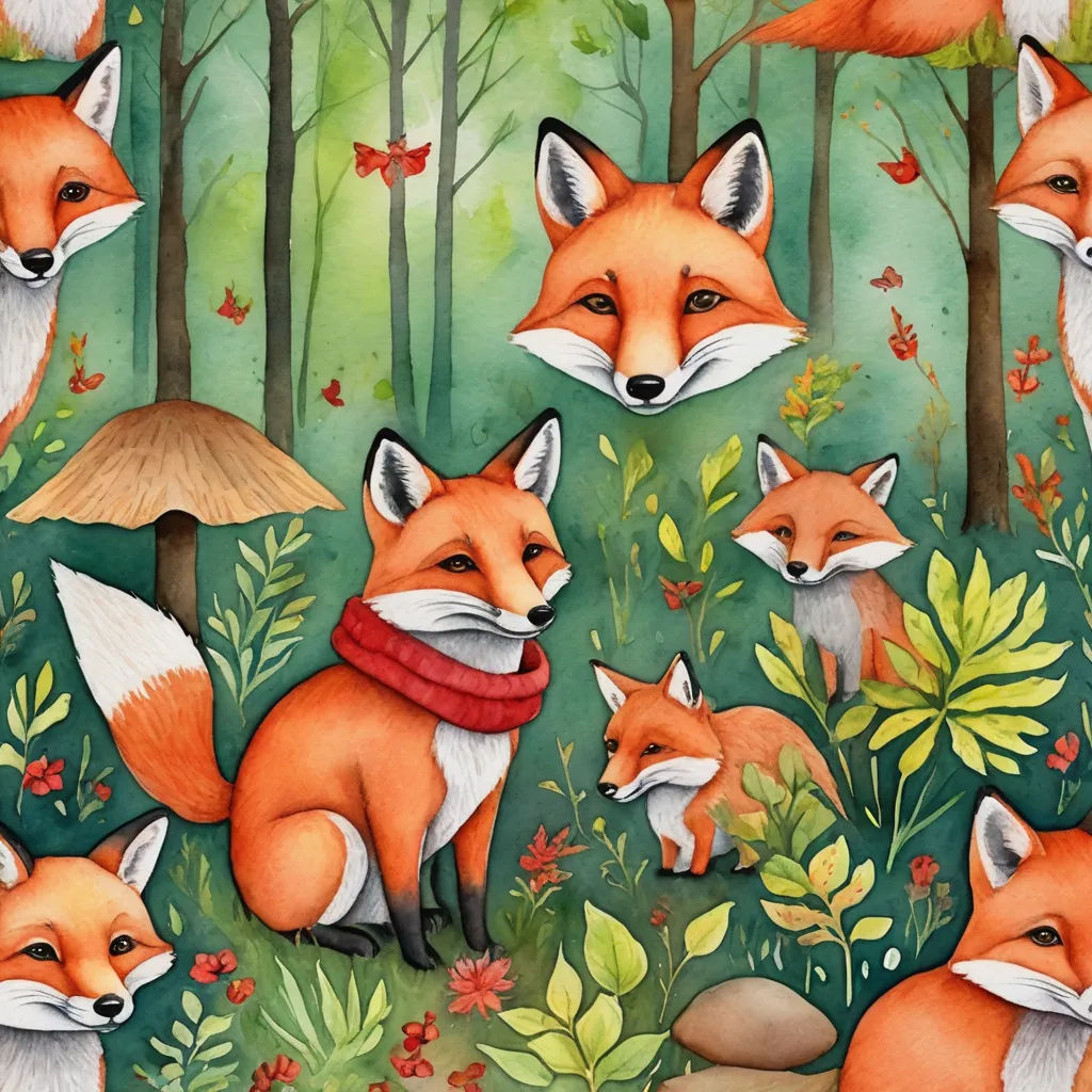 a painting of a fox family in the woods with mushrooms and mushrooms in the background, with a red scarf around its neck, pop surrealism, a storybook illustration, Claire Hummel, in gouache detailed paintings