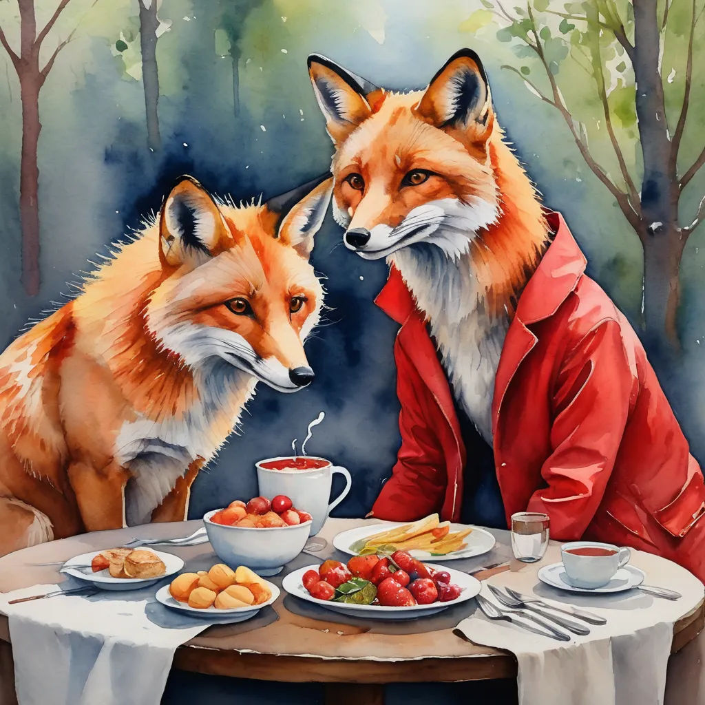 a painting of two foxes sitting at a table with food on it and a cup of coffee in front of them, furry art, a fine art painting, Esao Andrews, highly detailed digital painting