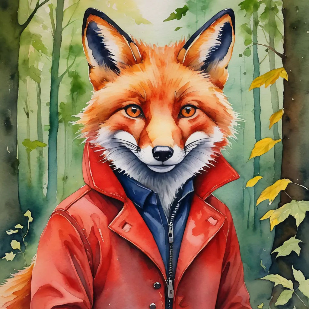 a painting of a fox wearing a red jacket and blue tie in a forest with yellow leaves and green trees, furry art, a watercolor painting, Esao Andrews, in gouache detailed paintings