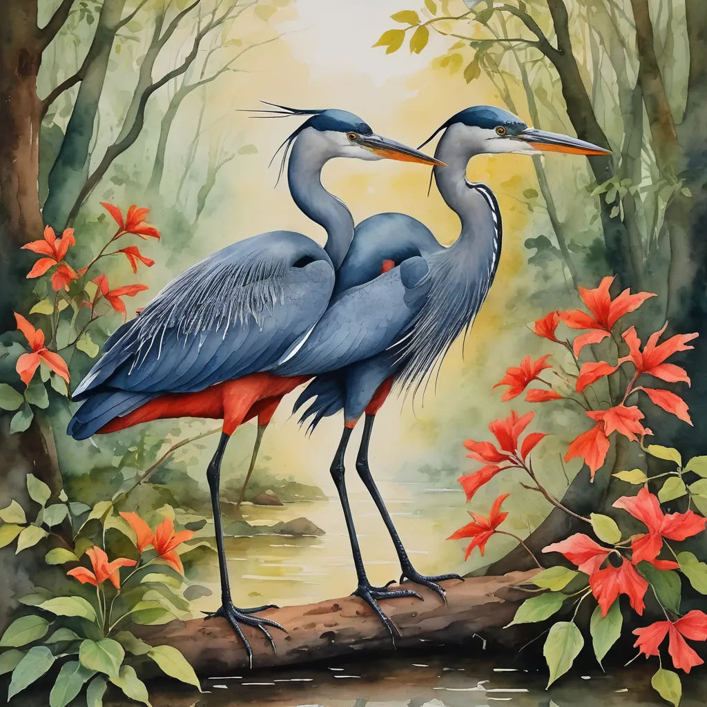 two birds standing on a log in a forest with flowers and trees in the background, one of them is touching the other's beaks, figurative art, a watercolor painting, Carol Sutton, in gouache detailed paintings