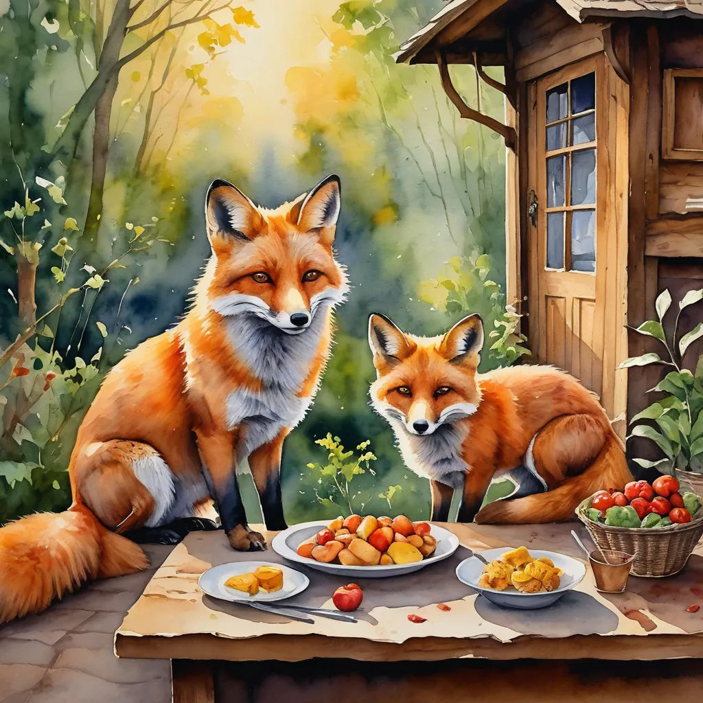 a painting of two foxes eating food on a table outside a cabin with a birdhouse in the background, furry art, a storybook illustration, Carol Sutton, storybook illustration