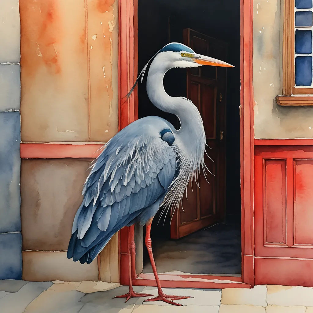 a painting of a blue heron standing in a doorway of a building with a red door and a red door, figurative art, a watercolor painting, Daniel Merriam, in gouache detailed paintings